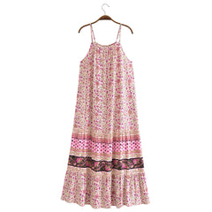 BOHO Pink Contrast Color Flower Print Midi Long Sling Dress