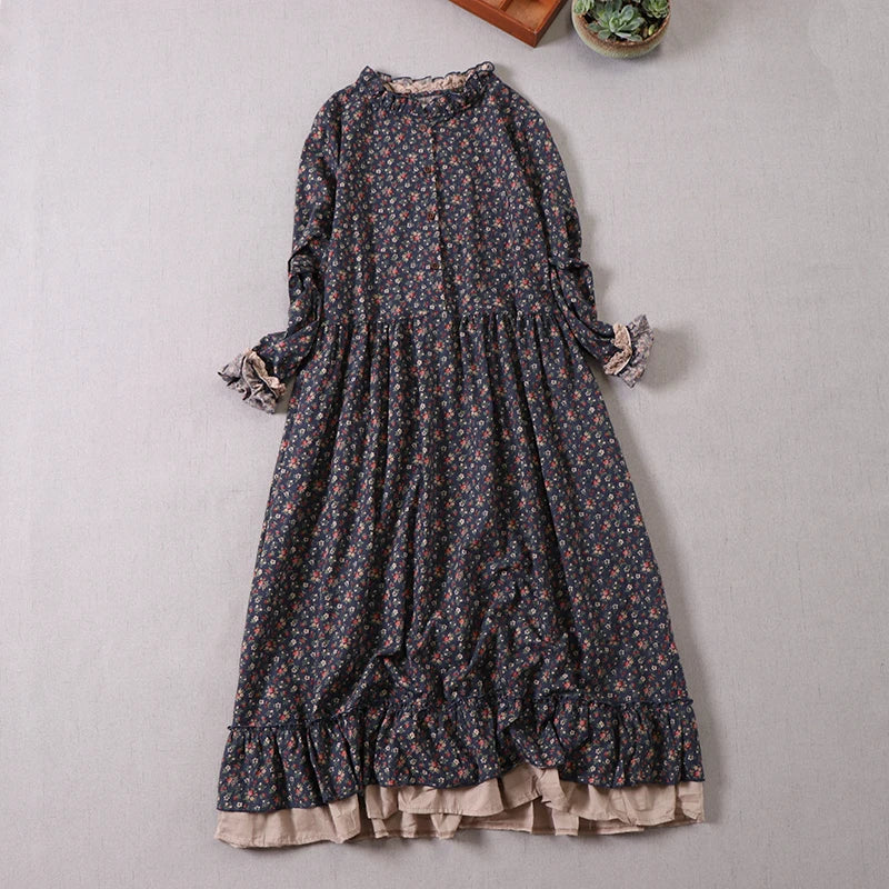 Vintage Floral Print Ruffled Cotton Retro A-line Dresses