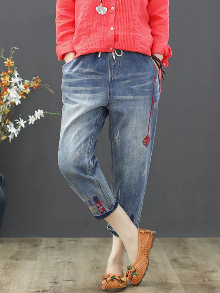 Fashion Ripped Loose Jeans Casual Embroidery Denim Trousers Vintage