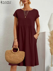 Women Linen Casual Dress O-Neck Short Sleeve Cotton Sundress