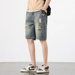 Summer Men's Vintage Denim Shorts Ripped Holes Baggy Straight Casual