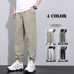 Men's Thin Ice Silk Casual Pants Elastic Waist Cargo Pants