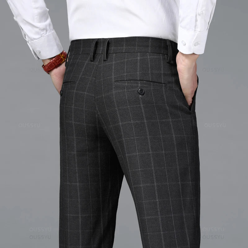 Plaid Stretch Men Business Fashion Casual Pants