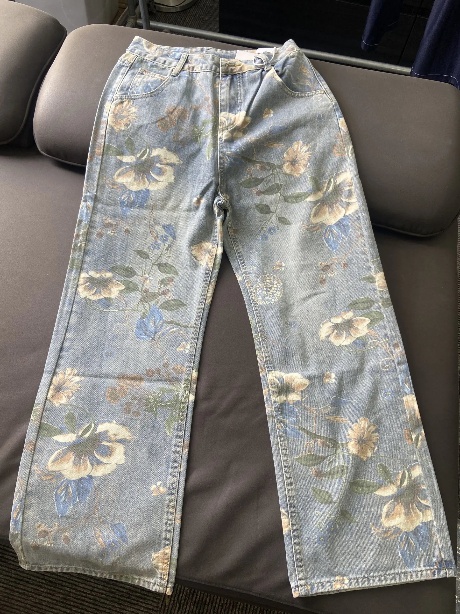 Fashion Printed Jeans Retro Floral Denim Trousers Style Wide-leg Jean Pants