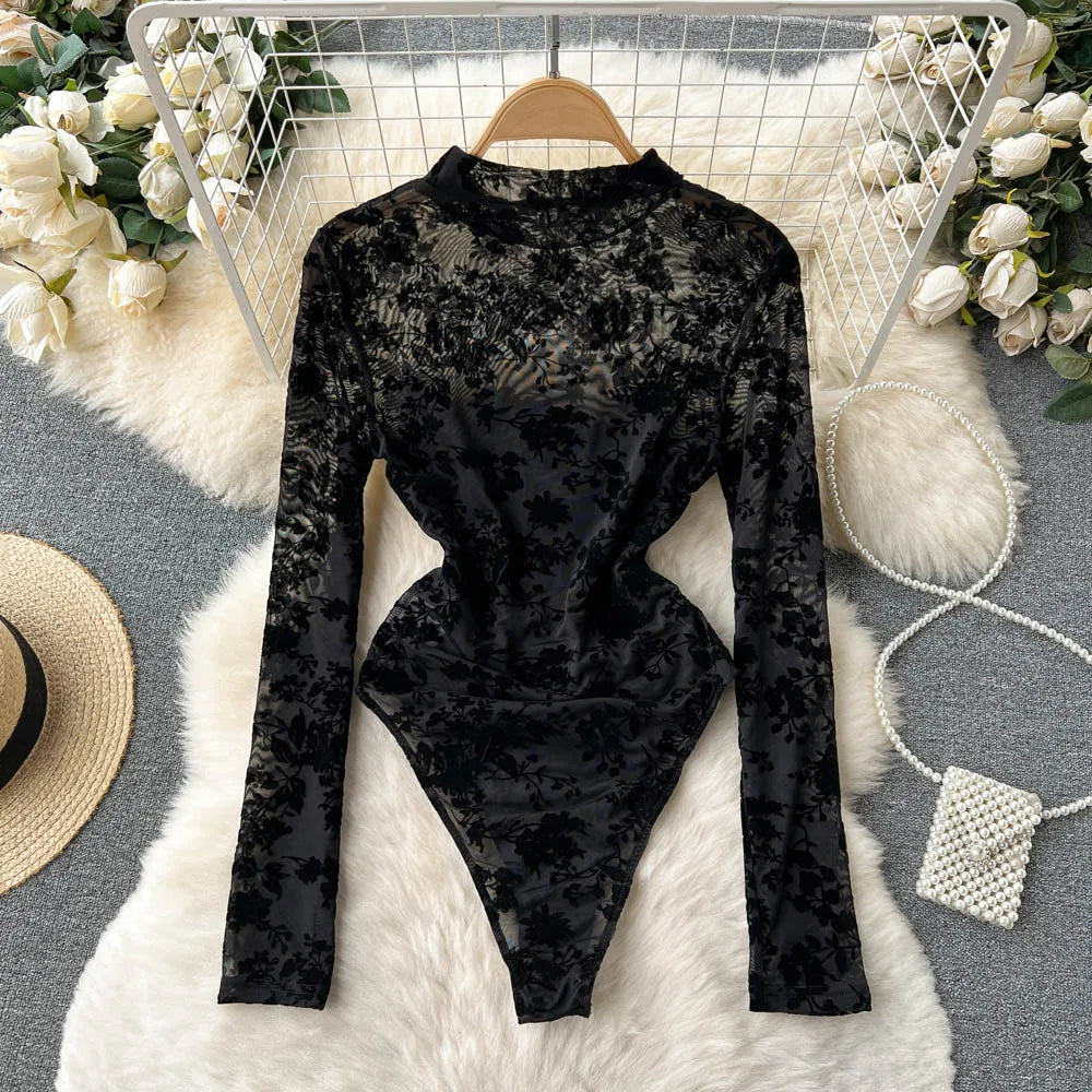 Mesh Lace Slim Bodysuit Chic Long Sleeve Fashion Jumpsuits