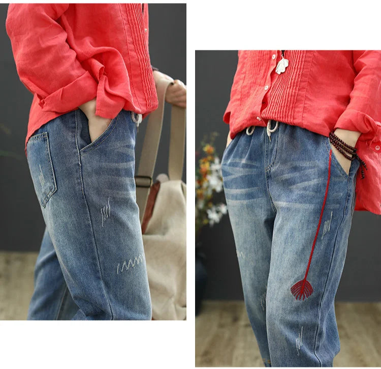 Fashion Ripped Loose Jeans Casual Embroidery Denim Trousers Vintage