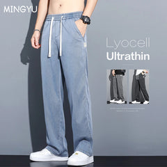 Brand Clothing Summer Lyocell Fabric Jeans Straight Thin Elastic Waist