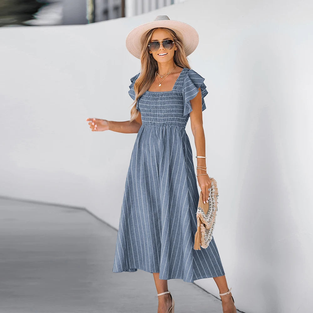 Striped Smocked Midi Dress Square Neck Ruffle Short Sleeve