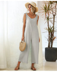 Boho Backless Sleeveless Loose Jumpsuit Vintage Cotton Solid Wide Leg