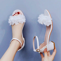 White Women Flower Wedding Shoes Bride Black Thick Heels