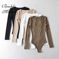 Top Clothing Solid V-Neck Long Sleeve Pullover Bodysuit