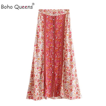 Hippie Front Button Cute Floral Printed Bohemian Long Maxi Skirts