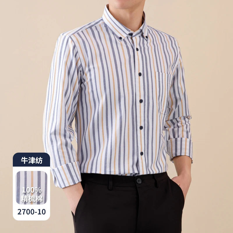 Men's Cotton Striped Checkered Long Sleeve Oxford Shirt