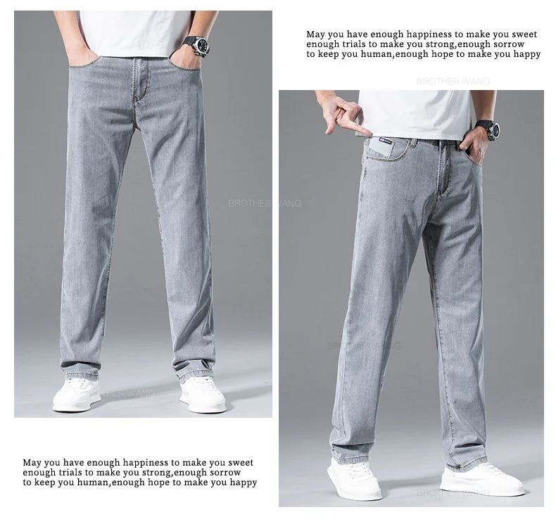 Summer Ultra-thin Men's Lyocell Jeans Loose Straight Business Casual