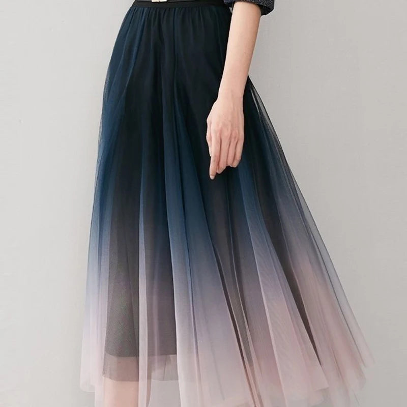 Elegant Tulle High Waist Gradient Mesh Pleated Midi Skirt