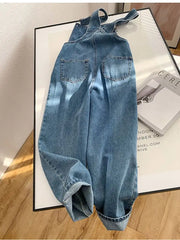 Retro Blue Jeans Suspender Trousers Casual Loose High Waist Denim Pants