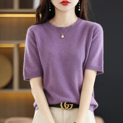 Short-sleeved Knitwear Women O-neck T-shirt Blend Pullover Sweater