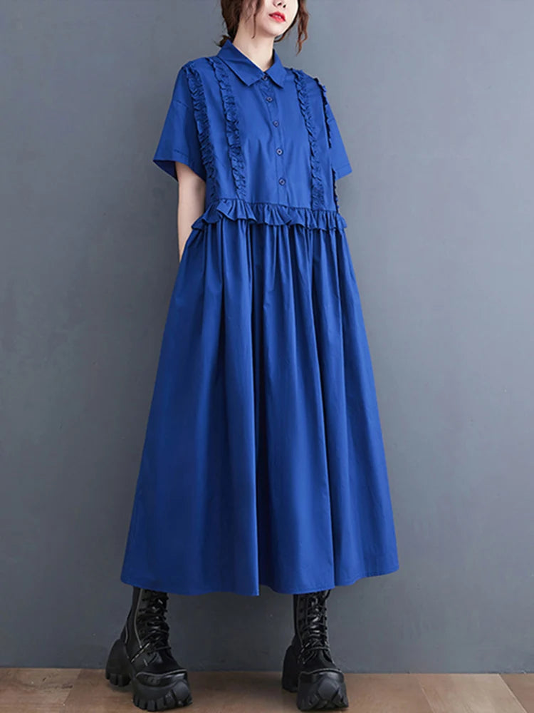 Patchwork Shirt Short Sleeve Loose Casual Vintage Long Dress