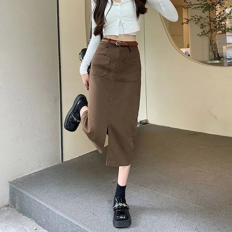 Long Fashion with Belt High Waist Split Straight Skirt All-Match