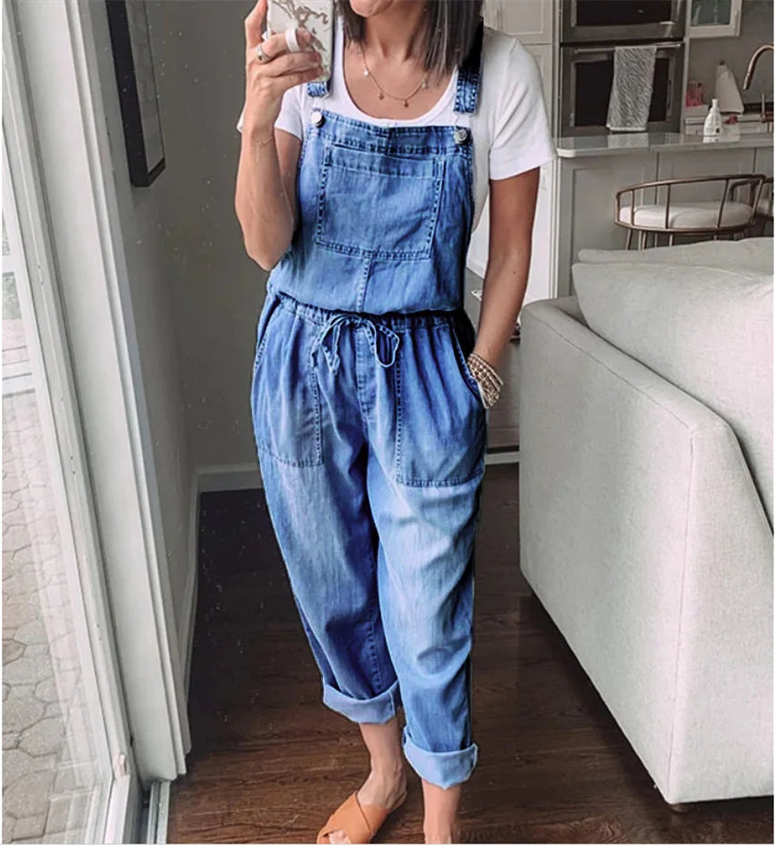 Sleeveless Cotton Blue Denim Jumpsuits Casual Drawstring Waist L