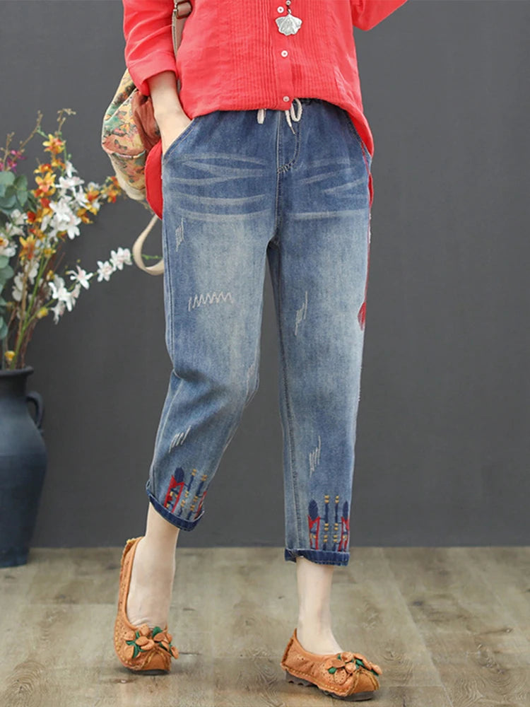 Fashion Ripped Loose Jeans Casual Embroidery Denim Trousers Vintage