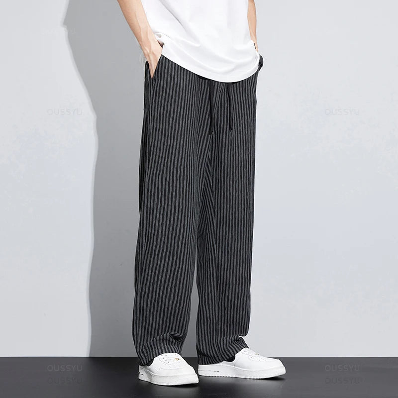 Summer Stripe Casual Pants Men Wear Loose Straight Wide Leg