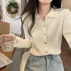 Turn Down Collar Sweater Women Button Up Long Sleeve Cardigan