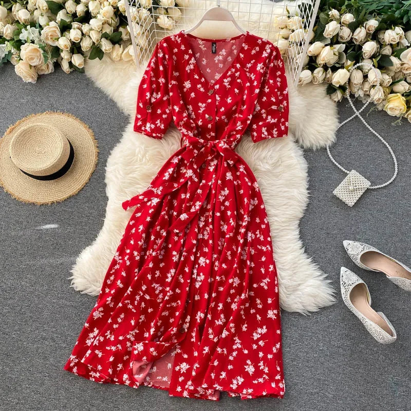 French Sweet Floral Women V Neck Puff Sleeve Midi Dress