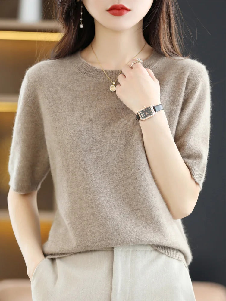 Short-sleeved Knitwear Women O-neck T-shirt Blend Pullover Sweater