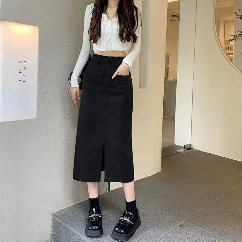 Long Fashion with Belt High Waist Split Straight Skirt All-Match