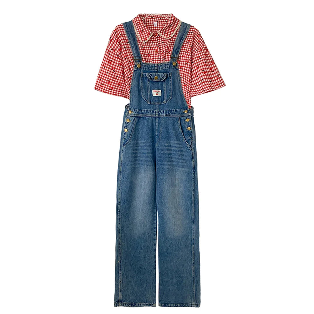 Retro Blue Strap Denim Pants Jeans Overalls Streetwear Casual