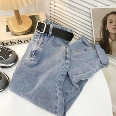 Simple Light Blue Thin Straight Pants High-waist All-match