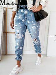 Boyfriend Slim Hole Star Ripped Jeans Street Casual