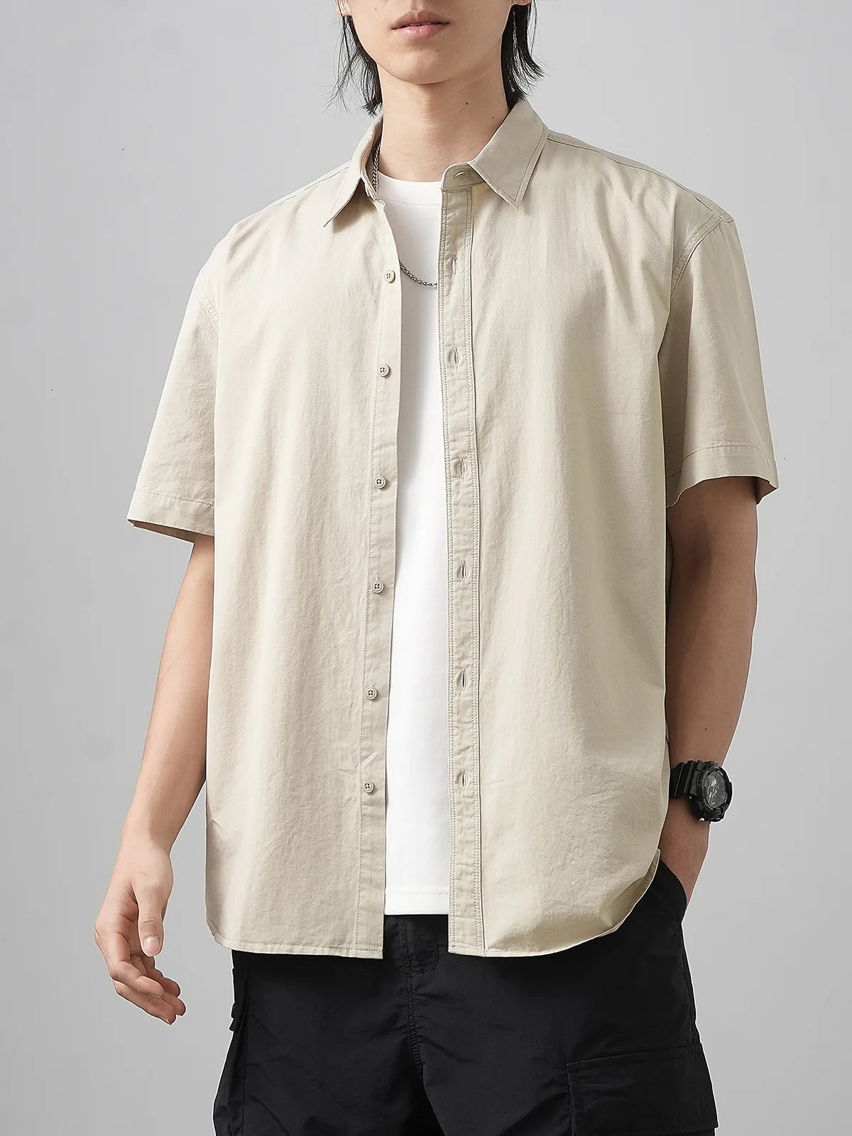 Cotton Shorts-Sleeve Summer Solid Color Turn-Down Collar Formal Shirts