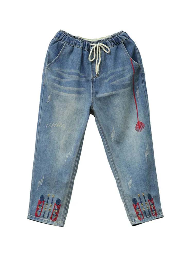 Fashion Ripped Loose Jeans Casual Embroidery Denim Trousers Vintage