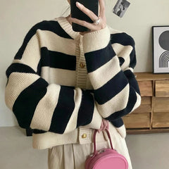 Striped Knitted Cardigans Button Up Loose Cardigan Sweaters