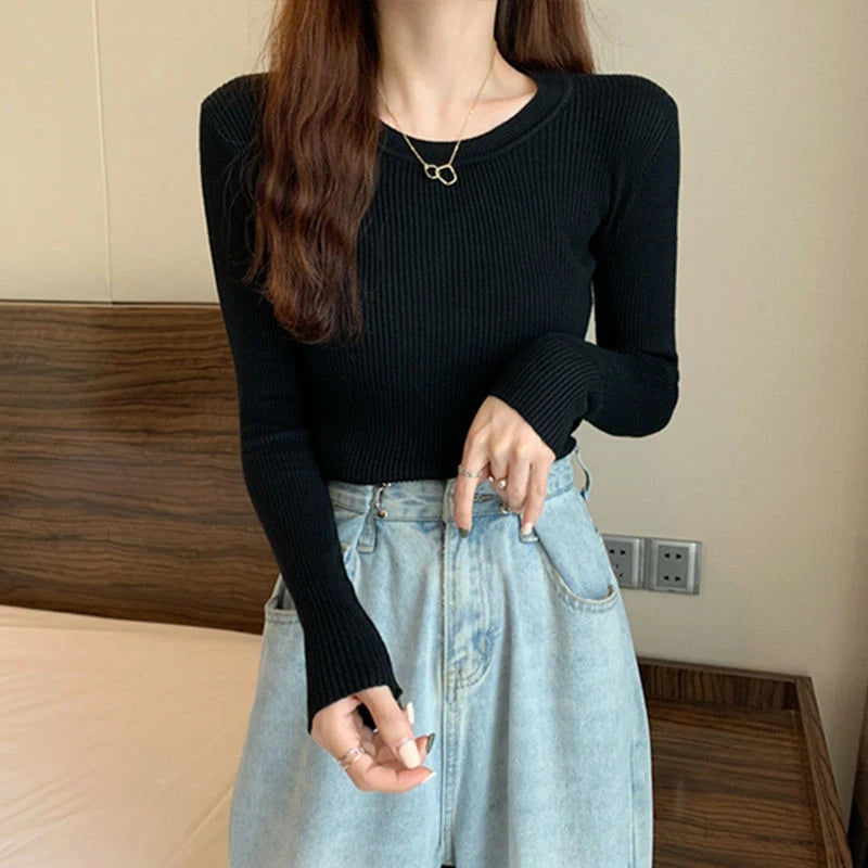 Basic Round Neck Knit Sweater Long-sleeved Solid Color Slim Fit