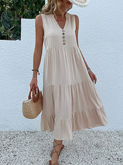 Casual Summer Midi Dress Women Sleeveless Tank V Neck Buttons Ruffle