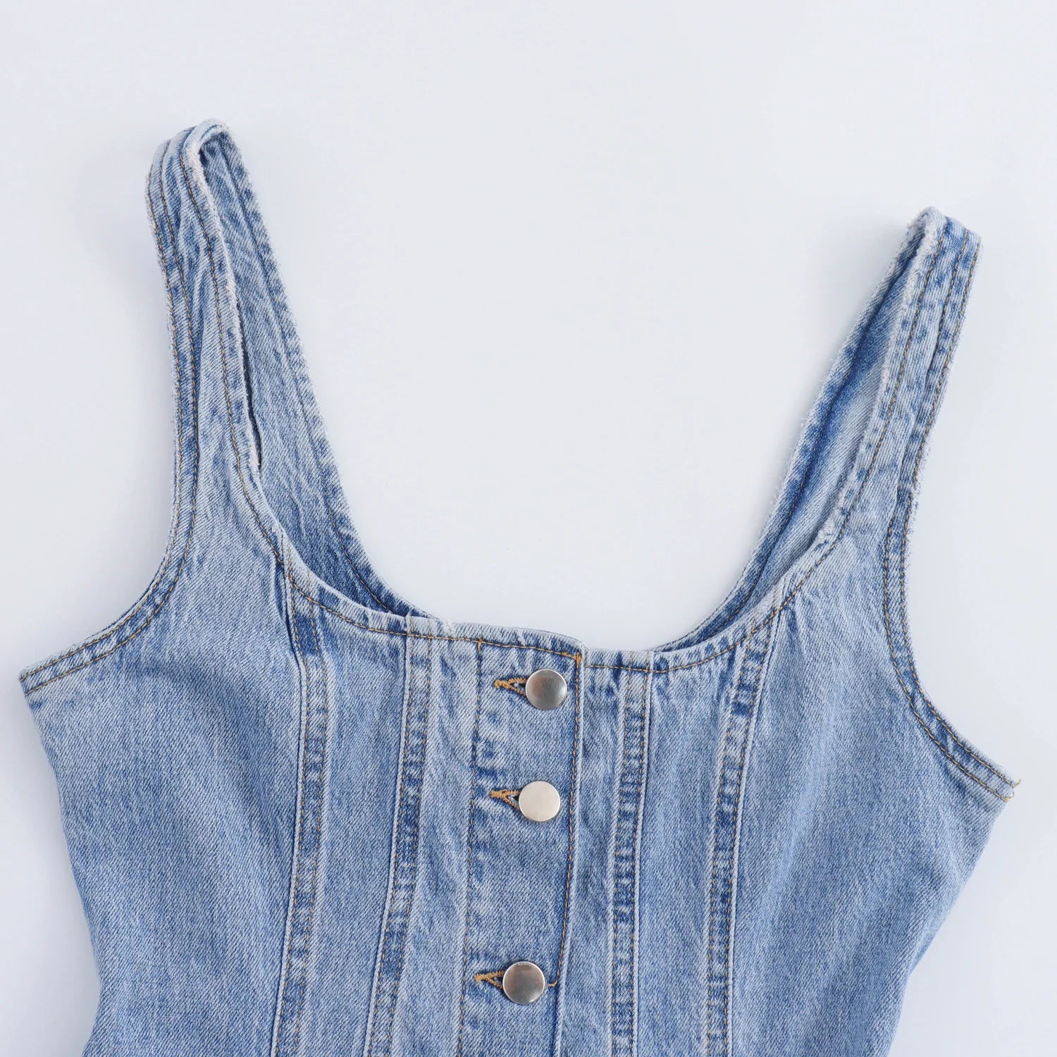 Women front buttons denim midi camisole dress vintage round neck