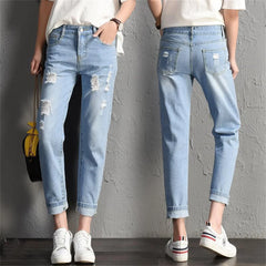 Fashion Mid Waist Boyfriend Big Ripped Hole Casual High Street Denim