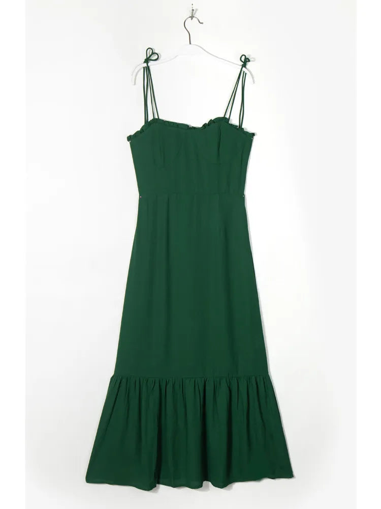 Retro French Wood ears V neck Plain Green Spaghetti Strap Midi Dress