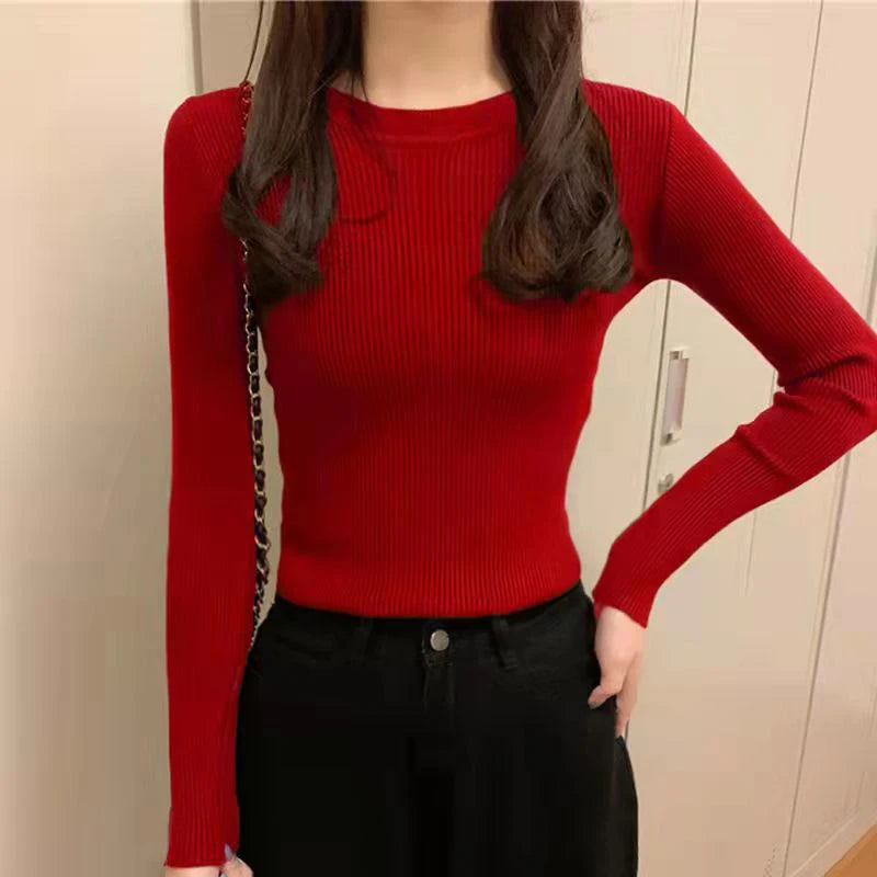 Basic Round Neck Knit Sweater Long-sleeved Solid Color Slim Fit