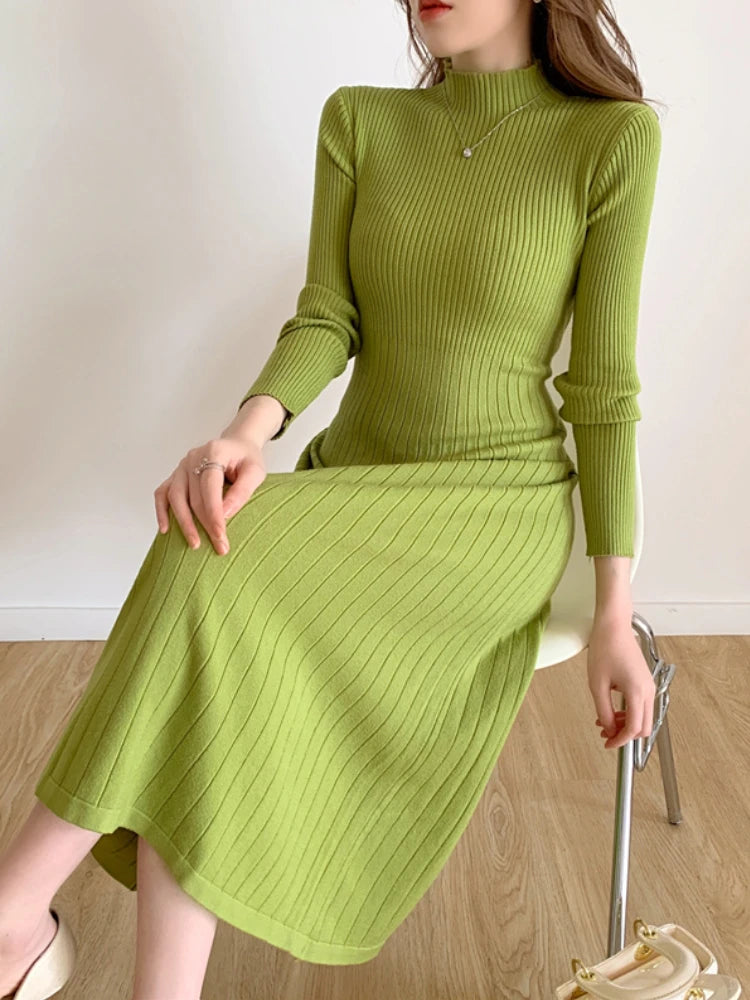 Long Sleeve Party Midi Knitted Half High Collar Knitted Sweater Dresses