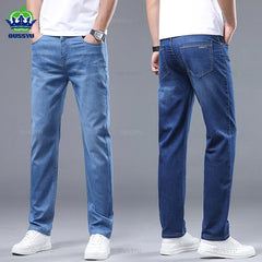 Men's Jeans Straight Blue Jean Casual Business Denim Trousers