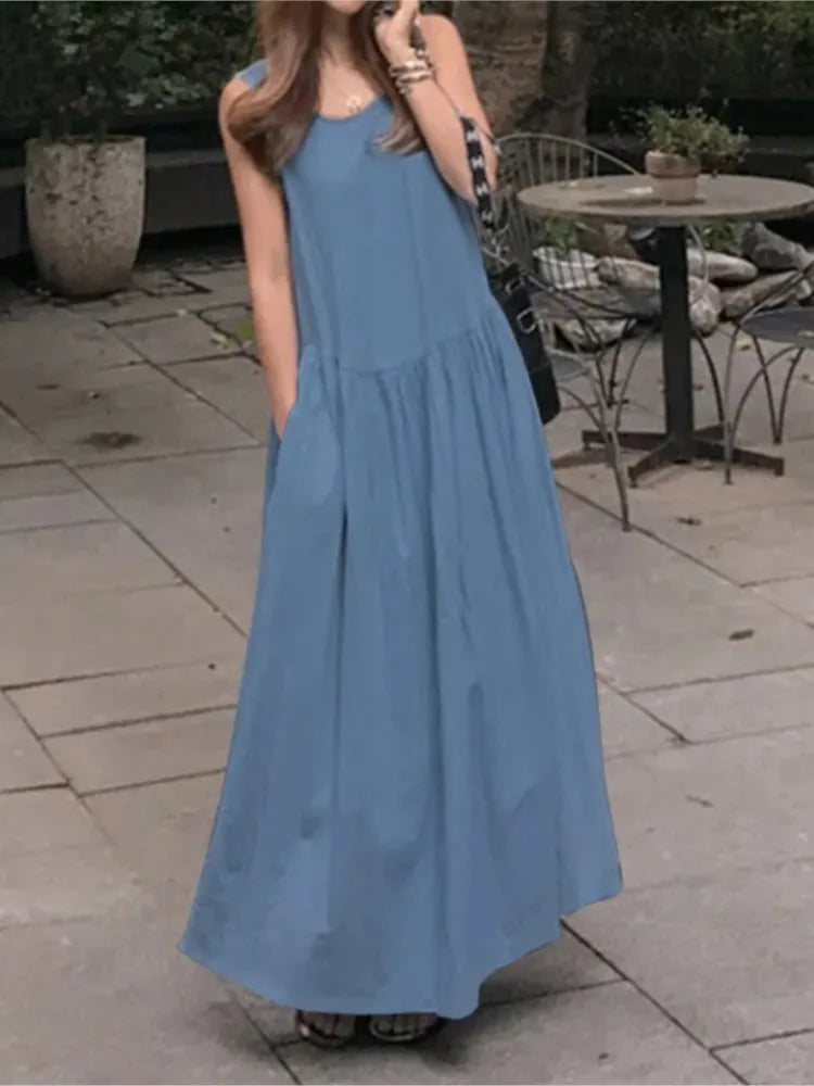 Summer Casual O-neck Sleeveless Loose Solid Long Dress