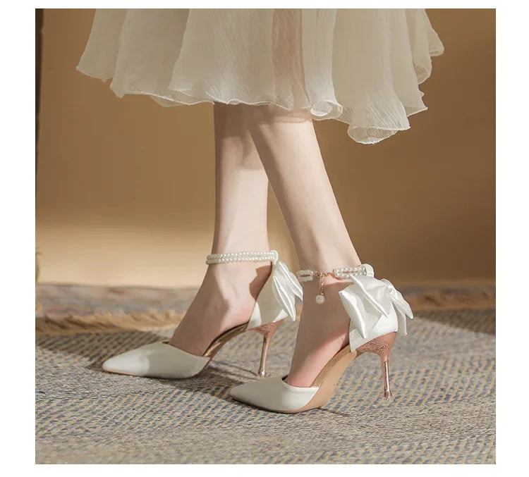 Thin Heel Hollow Sandals Pearl Butterfly Pointed Toe High Heels