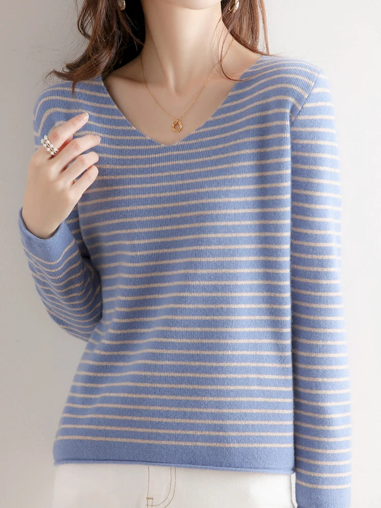 Striped V-neck Women's All-Match Loose Sweater