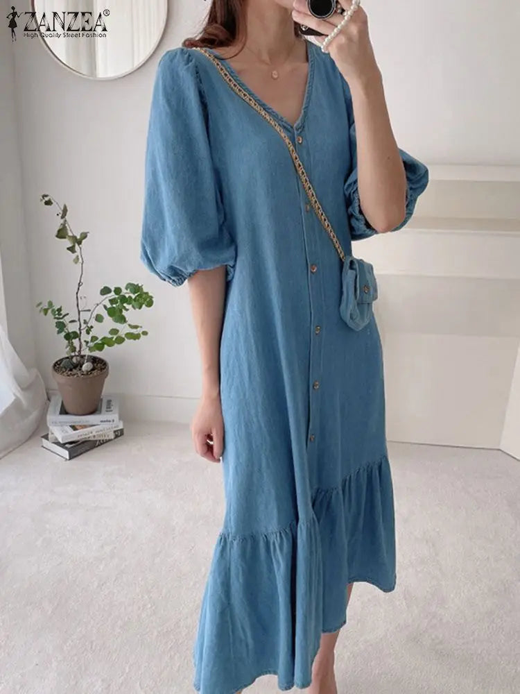 Fashion Retro Women Dress Summer Puff Sleeve Maxi Casual