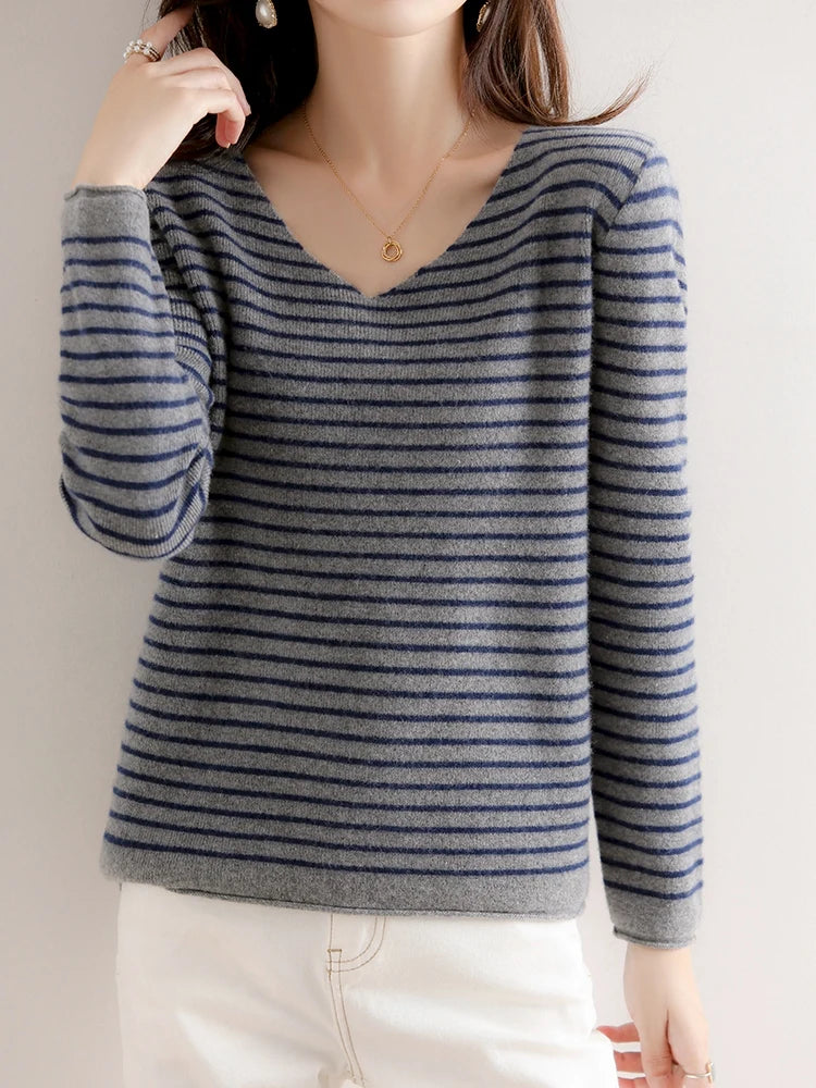 Striped V-neck Women's All-Match Loose Sweater