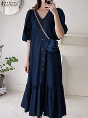 Fashion Retro Women Dress Summer Puff Sleeve Maxi Casual